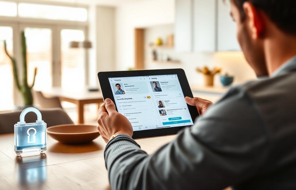 Compare Quotes. Stay Private. Homeowner reviewing private contractor quotes side by side on a tablet, with a privacy lock icon
